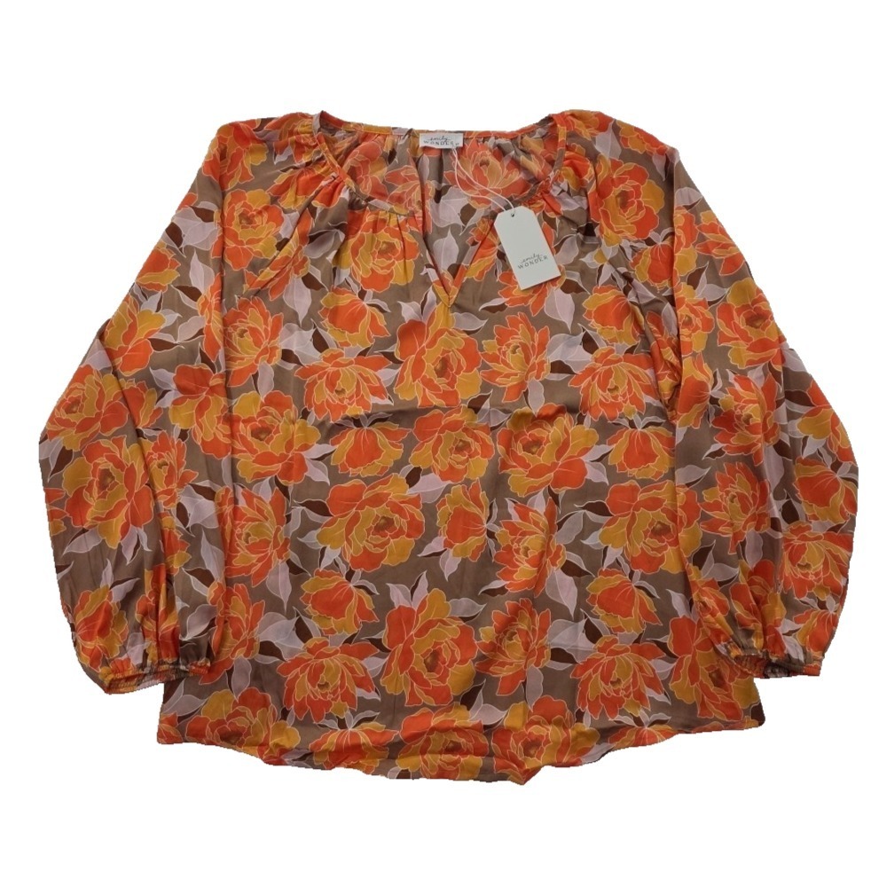 Emily Wonder Tunic Top Blouse Womens 1X Orange Floral 3/4 Sleeve NEW V-Neck NWT
